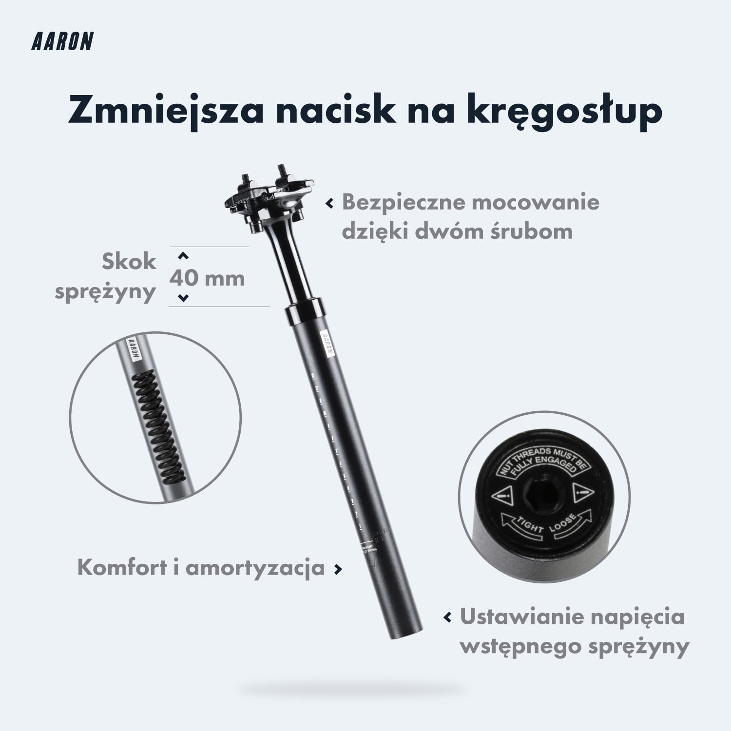 AARON Shock amortyzowana sztyca podsiodłowa o średnicy 27,2, 30,9 lub 31,6 mm – amortyzowana aluminiowa sztyca podsiodłowa o długości 350 mm – amortyzowana sztyca podsiodłowa do rowerów elektrycznych