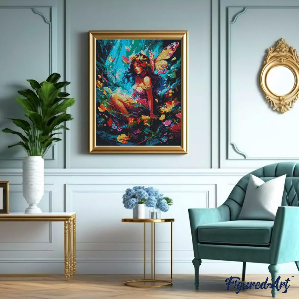 Figured’Art Diamond Painting Broderie Diamant 40x50cm Avec Cadre Toile Tendue Strass Perles Carrés - Fée et papillons - Kit Complet 5D DIY Activité Manuelle Loisirs Créatifs Adultes