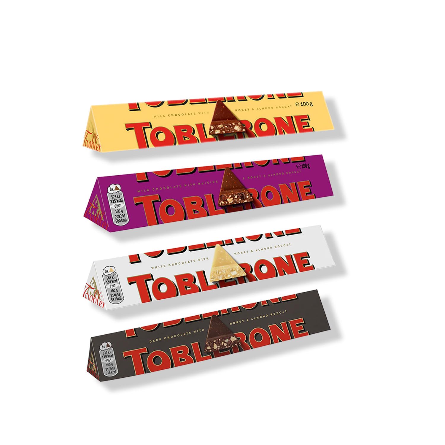 COCOCART Toblerone Chocolate Bar,Enjoy Toblerone,The Iconic Triangular Chocolate From Switzerland (Pack Of 4,Milk,Dark,White,Fruit & Nut),100 Gram