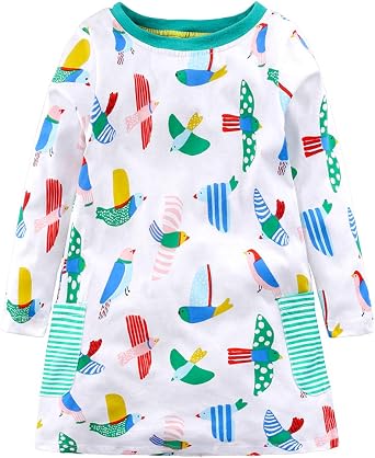 Little Girl T Shirt Dress - Cartoon Knit Tee Dresses with 2 Pockets