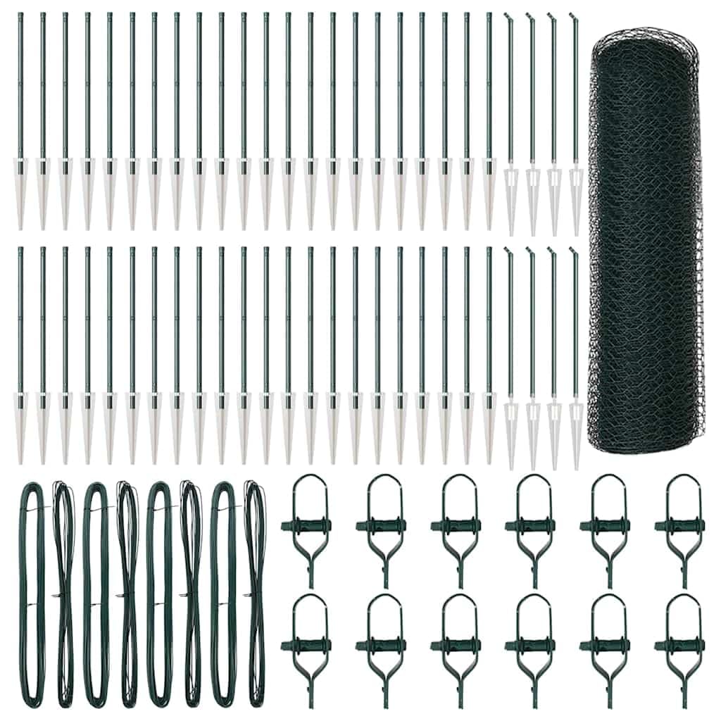 Green Steel PVC Fence Post 100 x 0.6 m 25 mm Mesh Weather Resistant Corrosion Proof Garden Enclosure Security Barrier 52 Spike Posts Set
