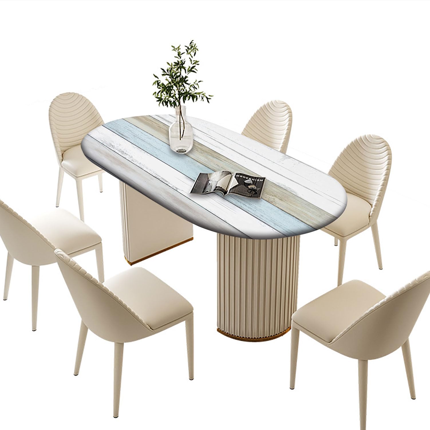 Rustic Elastic Edged Oval Table Cloths, Wood Panel Polyester Wrinkle Resistant Fitted Table Cover, for Indoor Holiday Family Banquet and Outdoor Patio Use, Fits 52