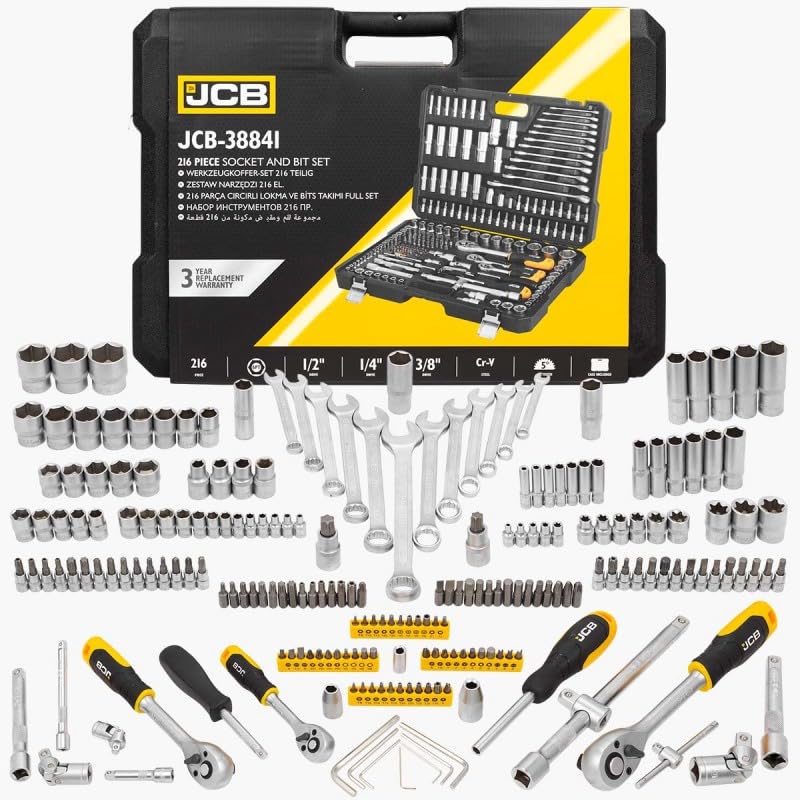 JCB Juego de herramientas (216 piezas, 1/4''3/8''1/2'', 6 cantos), juego de herramientas