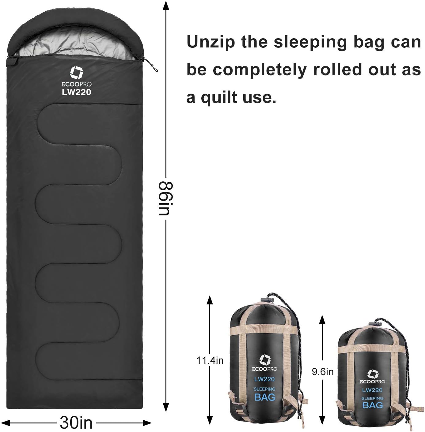 ecoopro warm weather sleeping bag - portable, waterproof, compact lightweight, comfort with compression sack - great for outdoor camping, backpacking & hiking-83 l x 30" w fits adults black