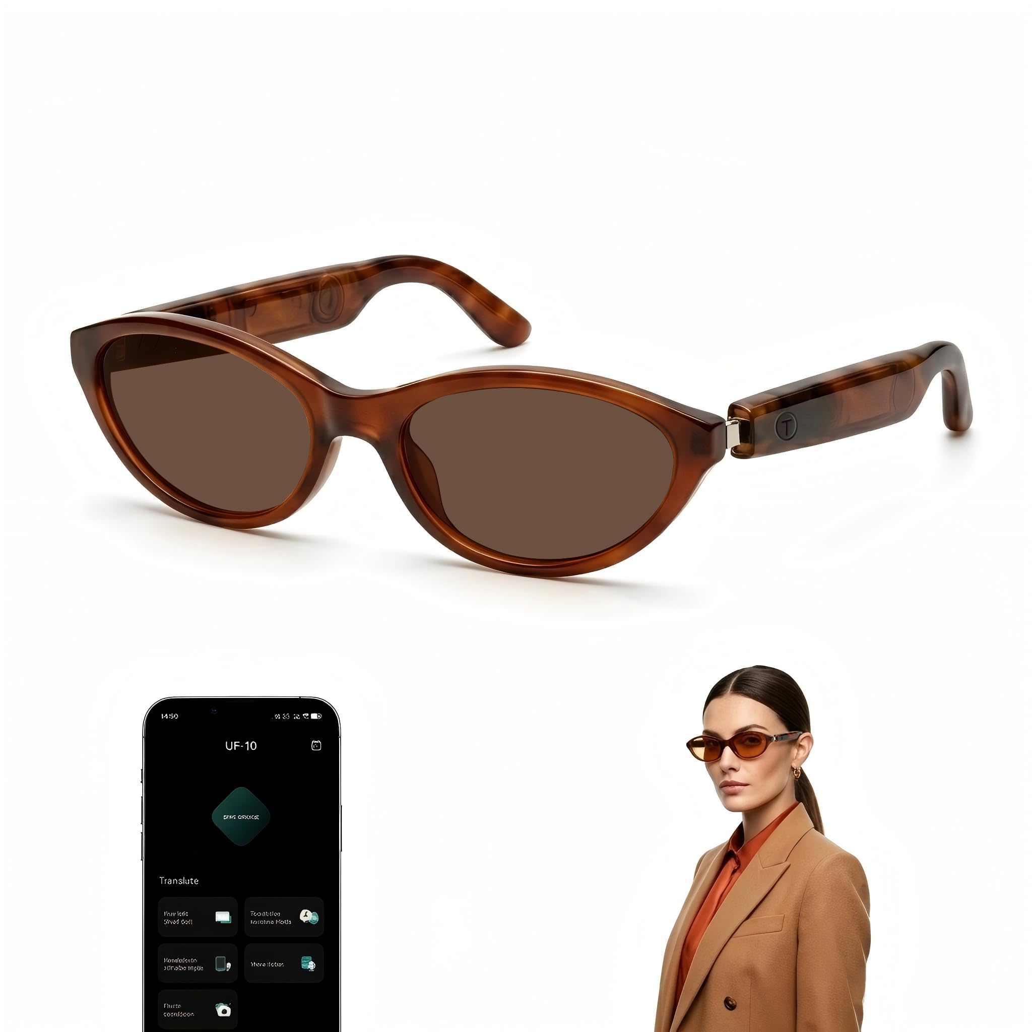 padom AI Smart Glasses for Women, Bluetooth Glasses for Travel & Work | 164-Language Translation, 7 Translation Modes, Fashion Cat-Eye Frame, Orange-Tinted Sunglasses Lenses, Open-Ear Audio-image-4
