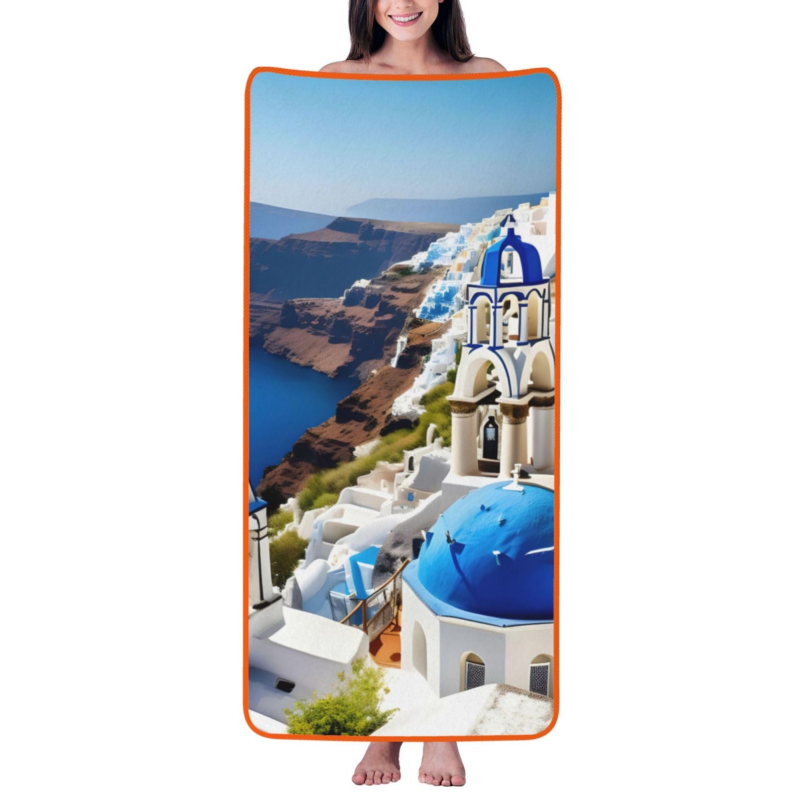 Ztpowqa Women's Orange Greek Island Sea View Print Coral Velvet Bath Towel For Home Gym Lounging Bathroom Spa Hotel Beach Travel