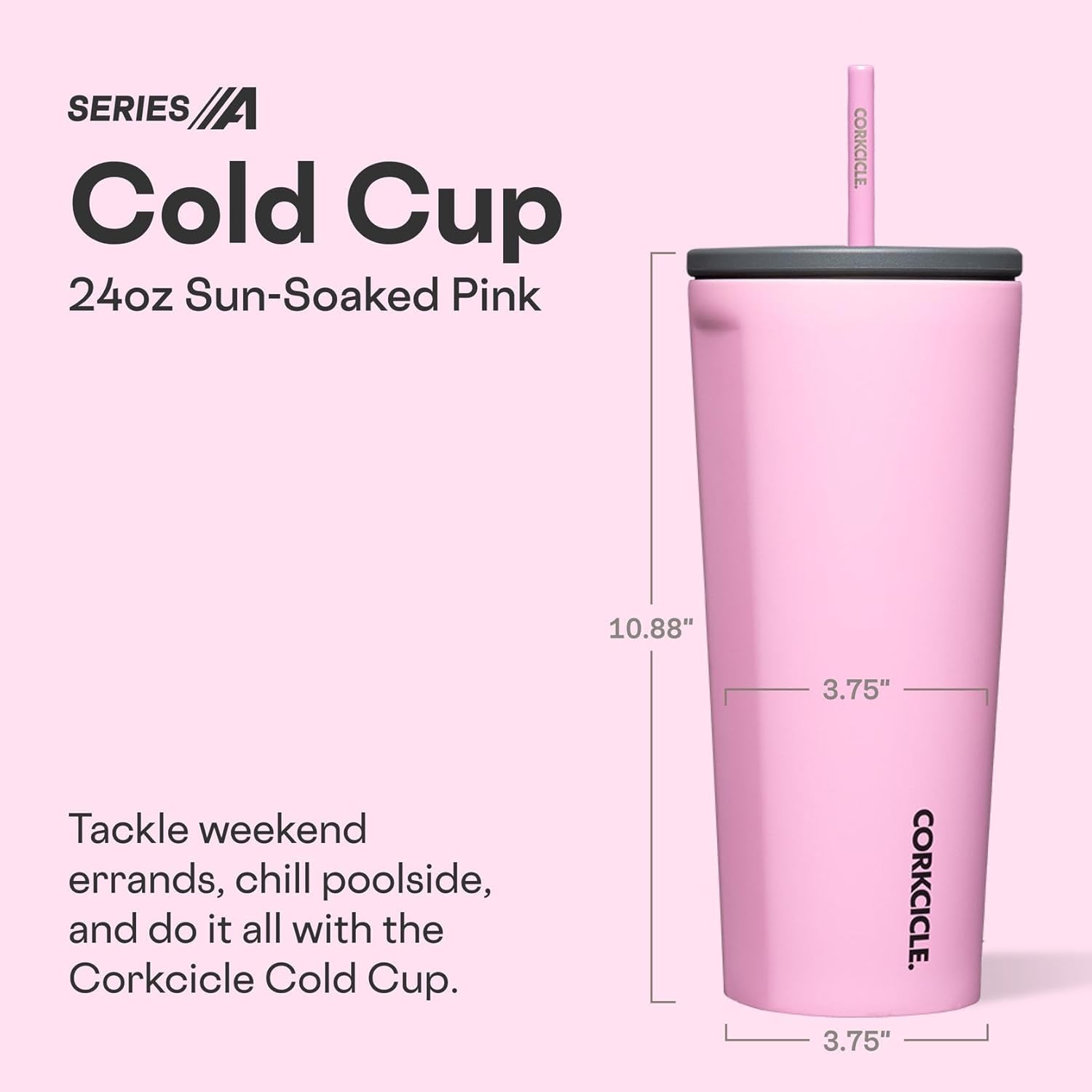 Corkcicle Cold Cup Insulated Tumbler with Straw - Keeps Drinks Cold for 12 Hours - Triple-Insulated Stainless Steel - Leak-Resistant Lid - Summer Drinkware Gift - 24 oz - Sun-Soaked Pink