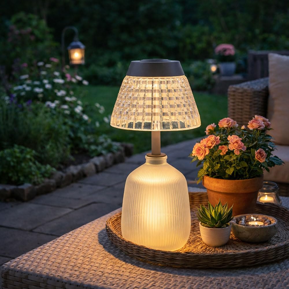 Solarlampe Tischleuchte Außenlampe klar Akku Glas LED Gartenlampe Balkonlampe, Acryl, Glas, LED 3000K warmweiß, DxH 13,5x27 cm, 2er Set