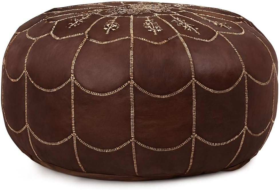 Stuffed Arch Design Moroccan Leather Pouf Ottoman, Handmade, Pre-Filled, 100% Genuine Leather, 14” Height x 22” Diameter – Boho Chic Footstool & Living Room Décor