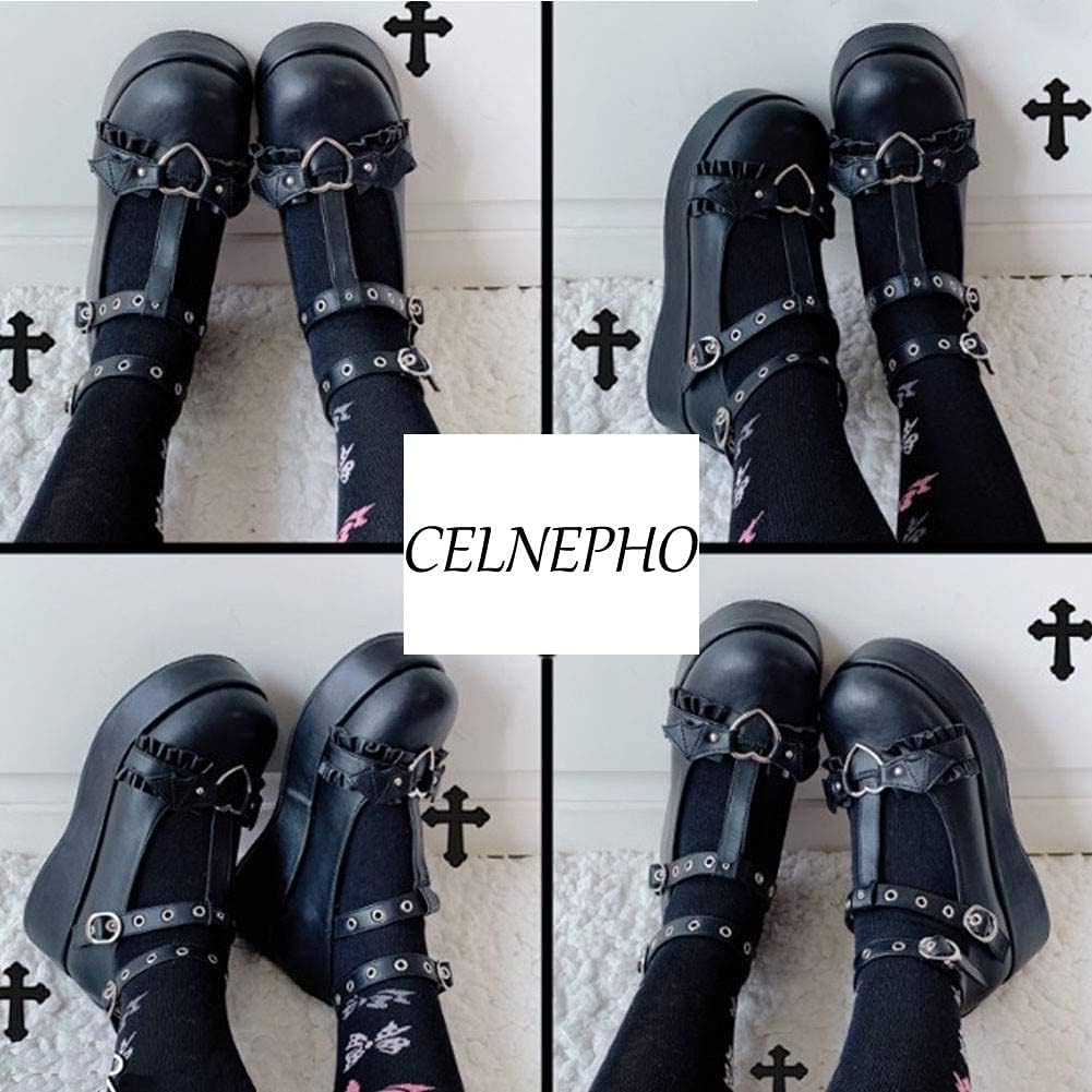 CELNEPHO Mary Jane Shoes Women Cute Ankle Strap Platform Wedge High Heel Pumps Gothic Party Dress Shoes for Women: 5 Black