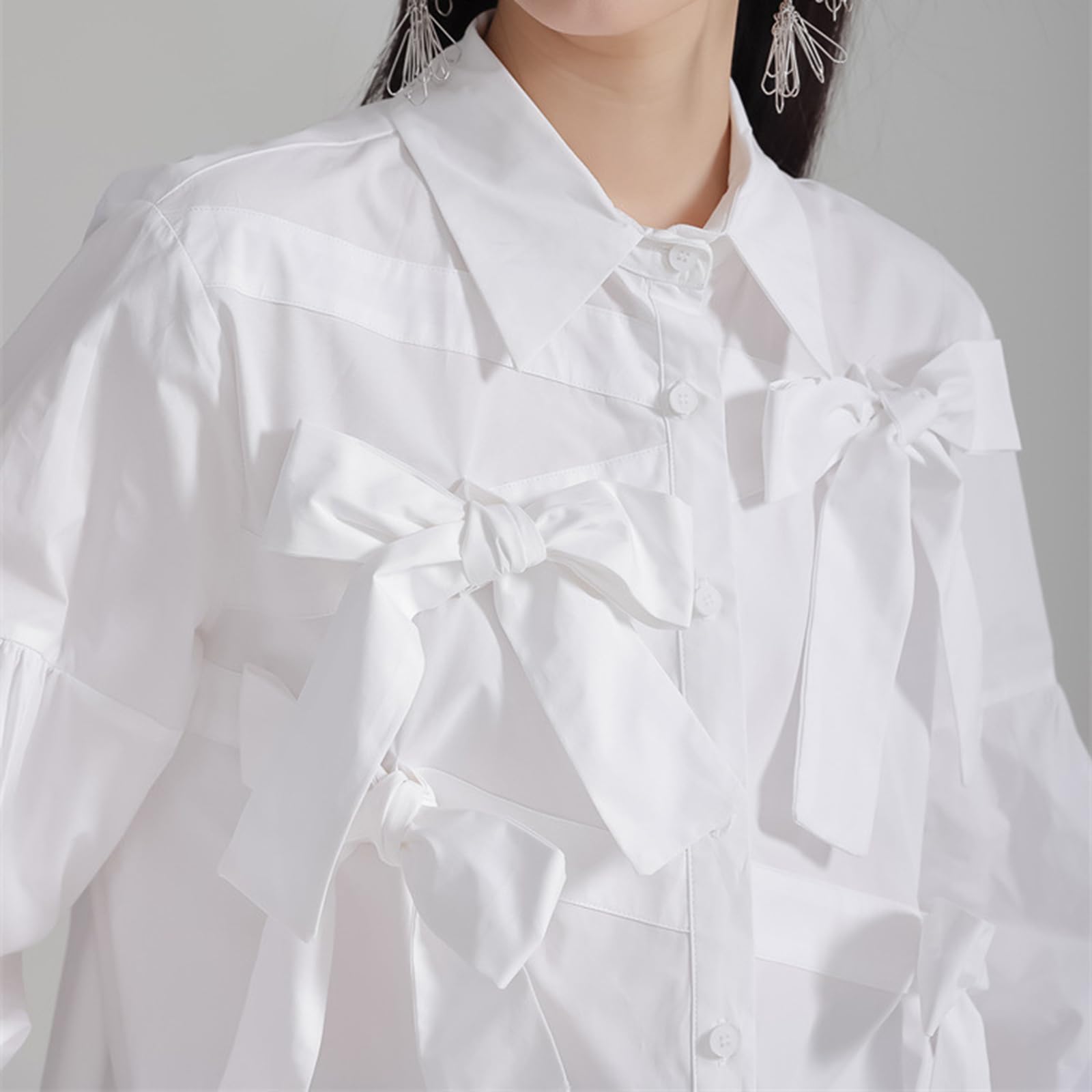Camicia a maniche lunghe con fiocco da donna Risvolto Button Up Alla moda Sciolto Elegante Camicetta da ufficio Top