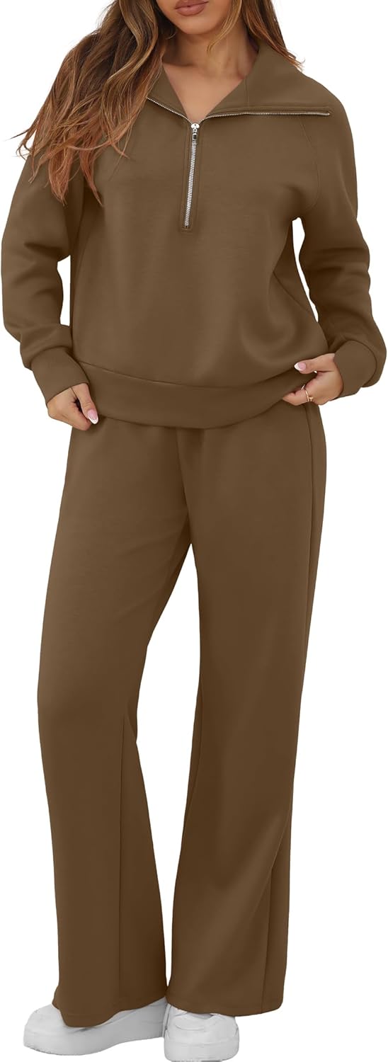 GRECERELLE Lounge Sets For Women 2026 Casual Lapel Half Zip Sweatshirt And Wide Leg Sweatpant 2 Piece Outfits Tracksuit Sets