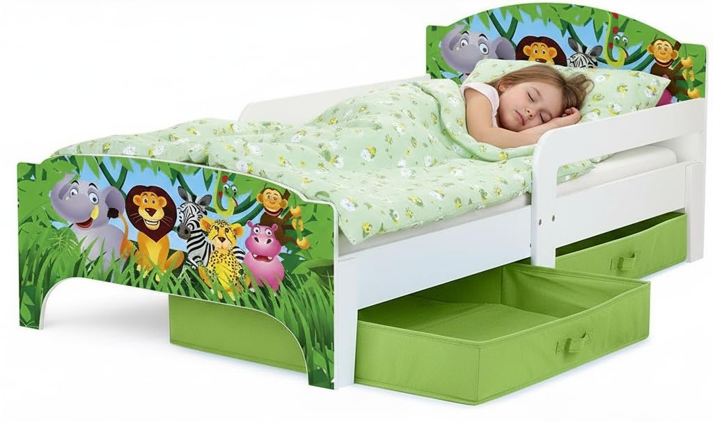 Leomark Letto per Bambini in Legno 140x70 cm SMART con Cassetto, Materasso e Telaio, Stampa Animali Selvaggi
