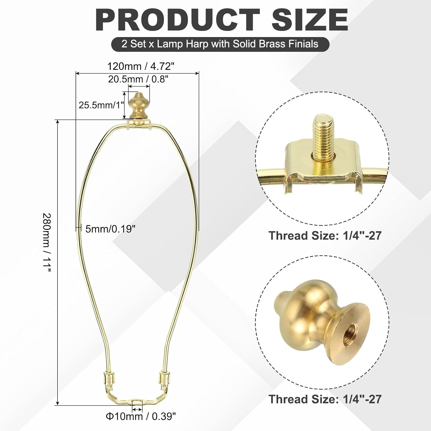 PATIKIL 11 Inch Lamp Harp Kit with 1 Inch Height Solid Brass Finial, 2 Set Heavy Duty Bracket with Standard Saddle & Finial Detachable Shade Holder for Table Floor Lamps, Gold