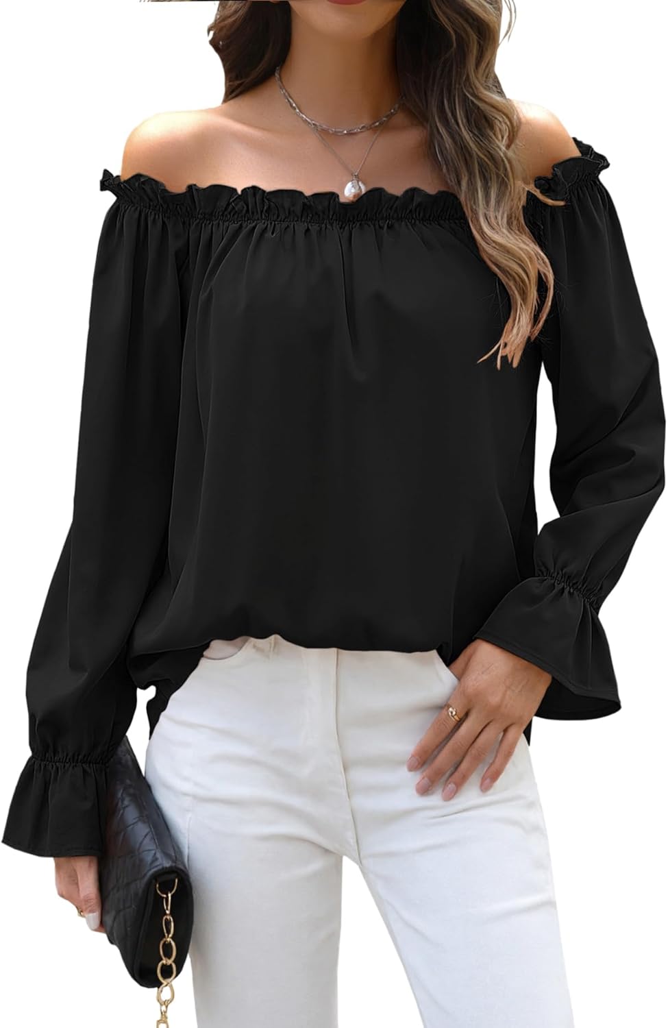 Halife Women Off Shoulder Blouses Long Sleeve Ruffle Trim Loose Casual Shirts Tops