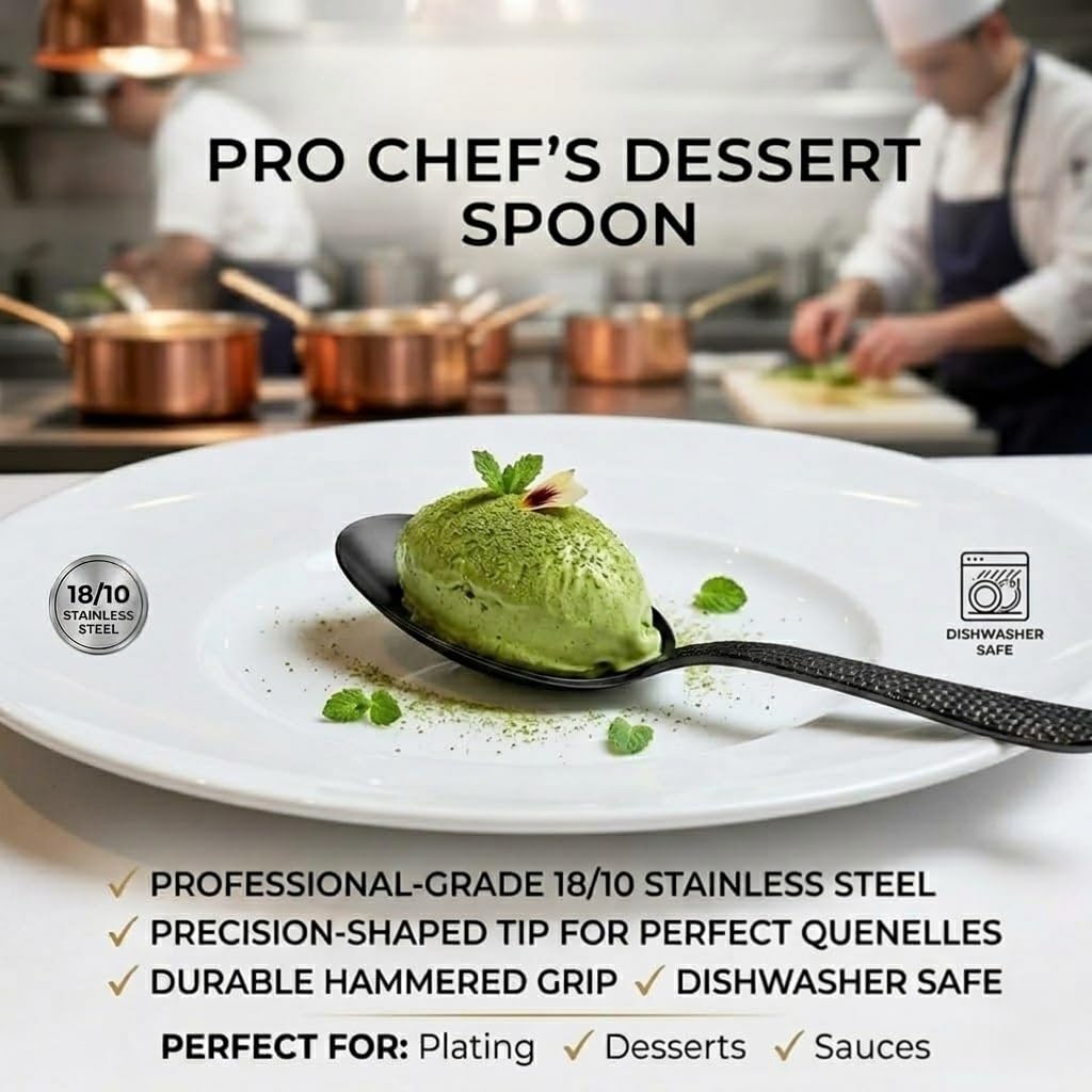 CREATIVECHEF Kunz Löffel, Chef Kunz Kochlöffel, Edelstahl, Titan, glänzender Bratlöffel, 18/10 Edelstahl, beschichtete Kunz-Löffel, Servierlöffel für Abendessen (schwarz)