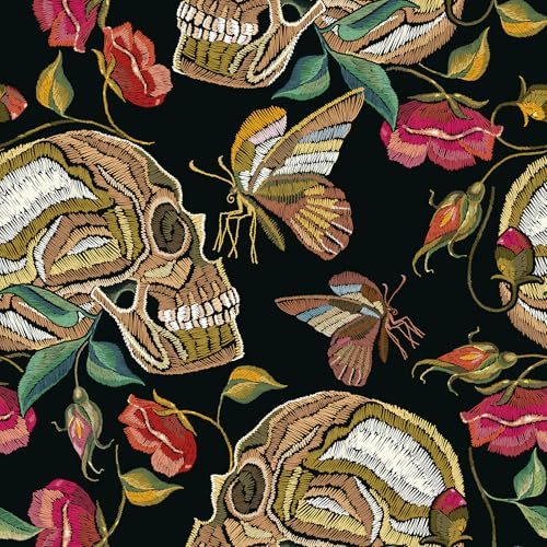 VaryPaper Gothic Style Skull Patterned Wallpaper Self Adhesive Flower Contact Paper 44.5cmx200cm Black Sticky Back Plastic Vintage Floral Wallpaper for Hallway Bedroom Cupboard Vinyl Wrap Shelf Liner