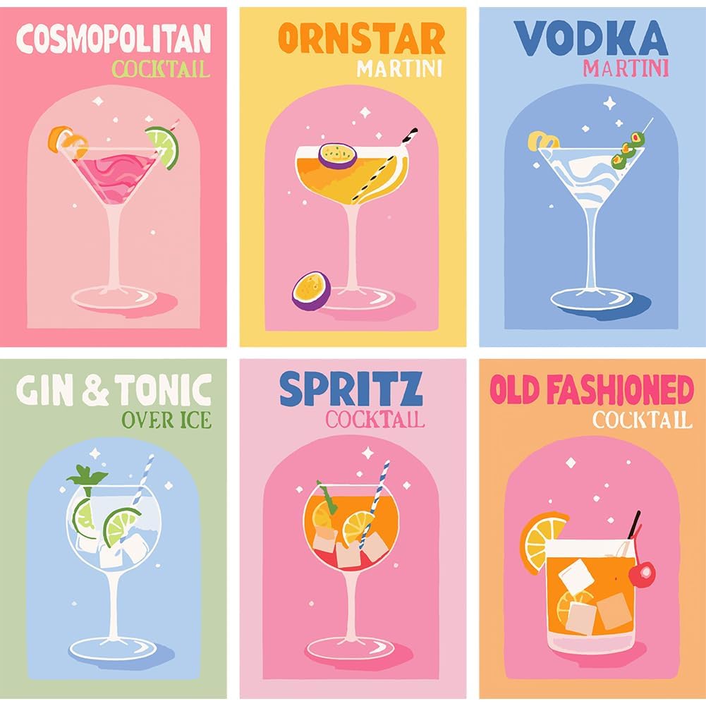 Vexthorion Cocktails Paint By Numbers for Adults 6 Pack,Painting Kits for Beginners On Clear Colored Canvas, Easy DIY Acrylic Pigment Drawing Paintwork for Home Wall Decor 20x30cm/8x12in (No Frame