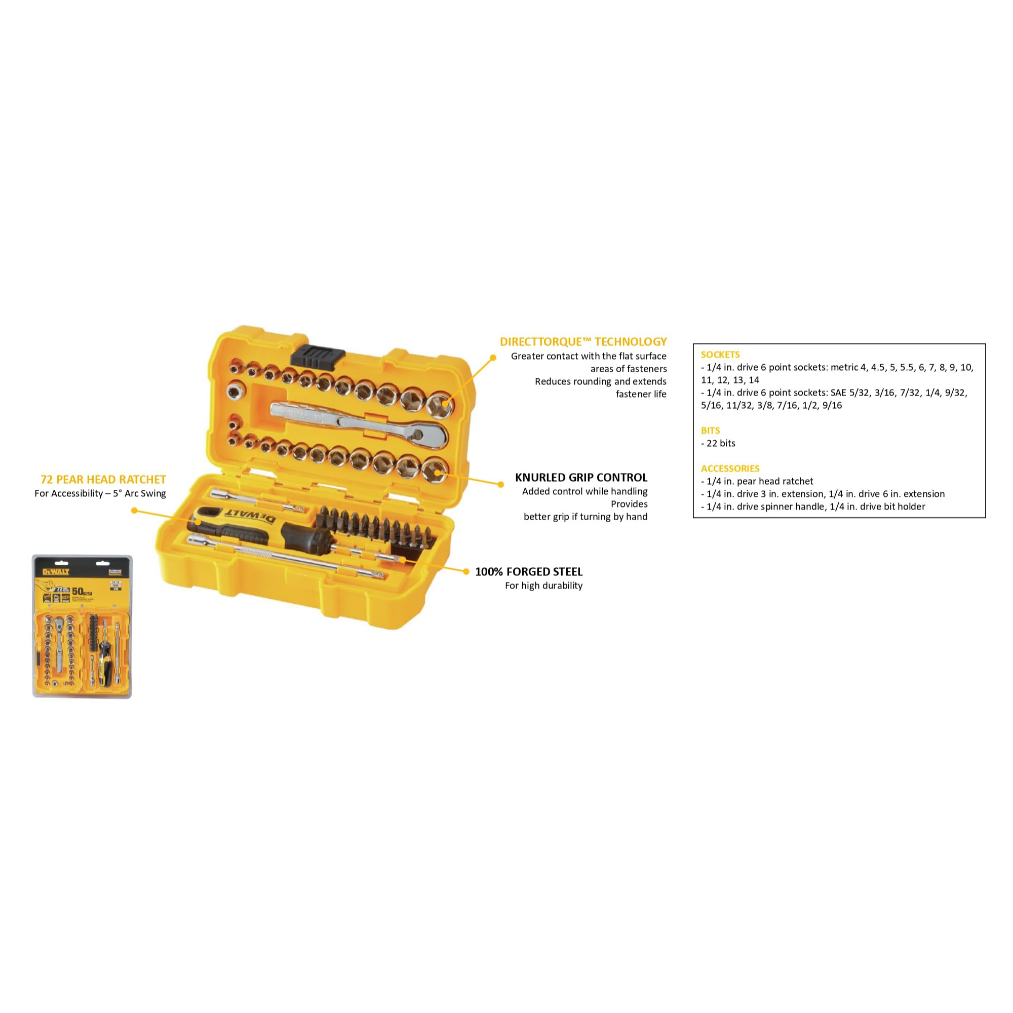 DEWALT DWMT81610-0 Kit d'outils de mécanicien d'entraînement 1/4" 50 pièces