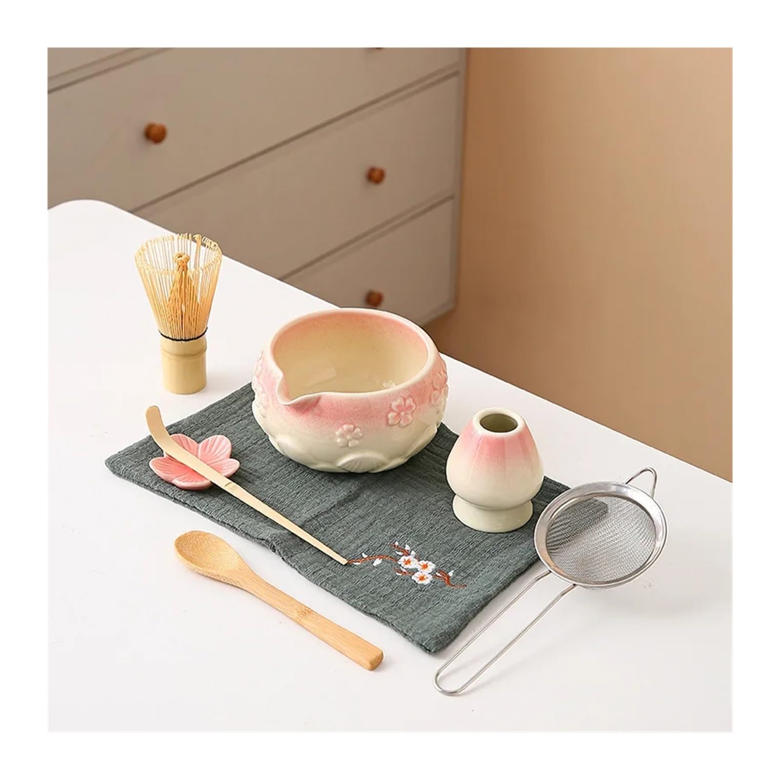 Cuenco Matcha blanco con flor de cerezo 8 Uds. Con juego batidor, té incluido boquilla(G)