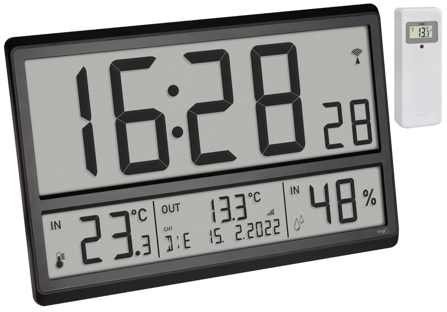 TFA Dostmann Orologio da parete digitale XL, 60.4523.01, con temperatura esterna e clima ambiente, radiocontrollato, visualizzazione 24 ore, data completa, nero, con batterie