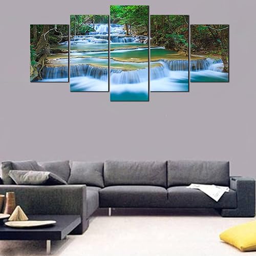 Vista 10 de Wieco Art Lienzo de cascada pacífica para pared, cuadros de árboles verdes para sala de estar, dormitorio, decoración del hogar, 5 piezas, estirado