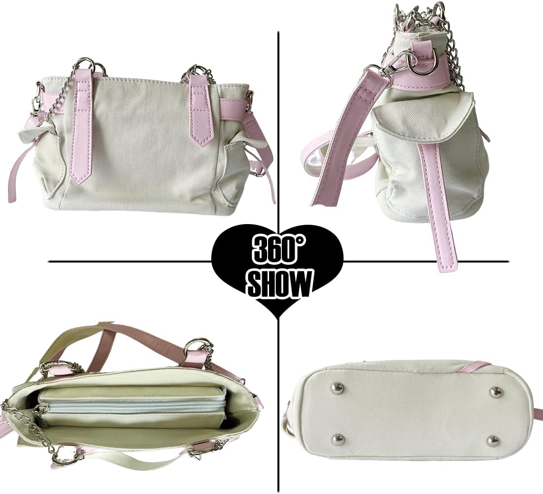 Y2K Harajuku Kawaii Goth Casual Style Denim Cute Heart and Pink Belt Decor Adjustable Cross-body Shoulder Bag