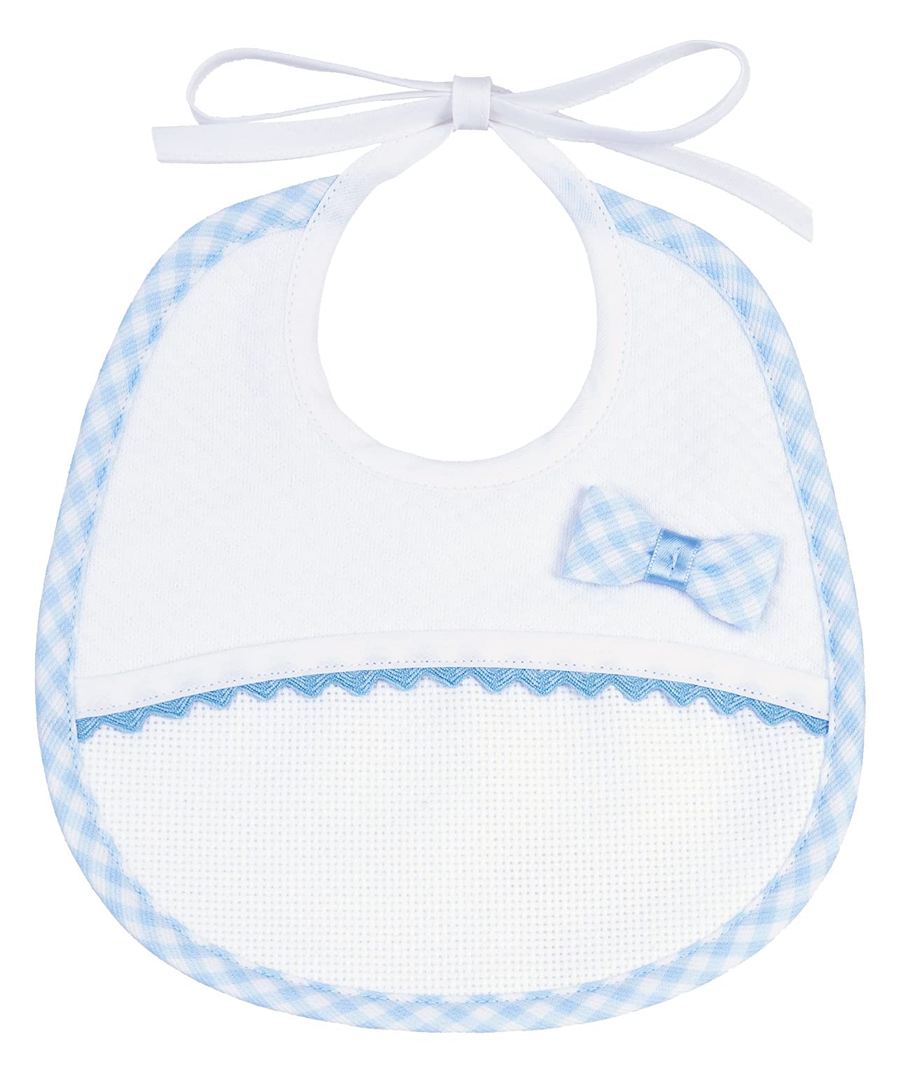 FILET Am2234b - Oval Bib In Soft Fabric Losanges Pattern With Plaid Fabric Bow, Aida Canvas Pocket 55 Holes To Embroider With Trimming, Sky Color, One Size, 32g