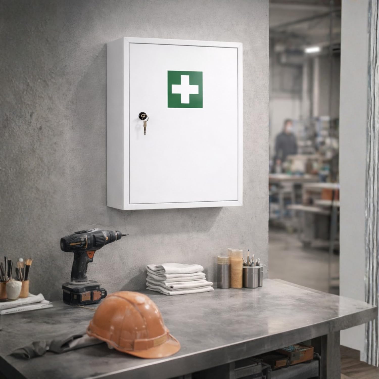 First Aid Products Verbandschrank D – inkl. DIN 13157:2021 Füllung – Medizinschrank Metall mit Gummidichtung, 3 Ablagefächer + 3 Türfächer - robust & staubgeschützt - 48,5 x 40 x 20 cm