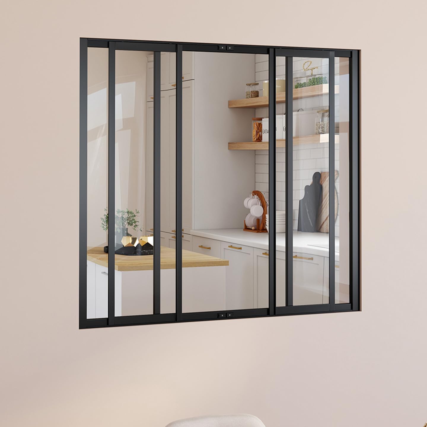 IDMarket - Verrière Atelier coulissante 4 vitrages L. 120 x H.108 cm en métal Noir et Verre trempé