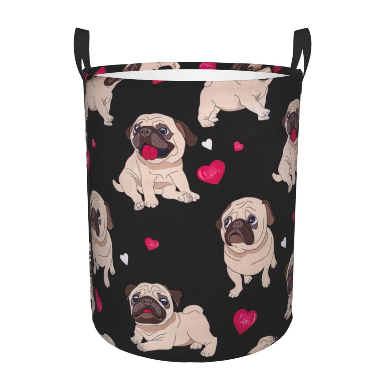 M Collapsible Round Cute Pug Print Laundry Hamper