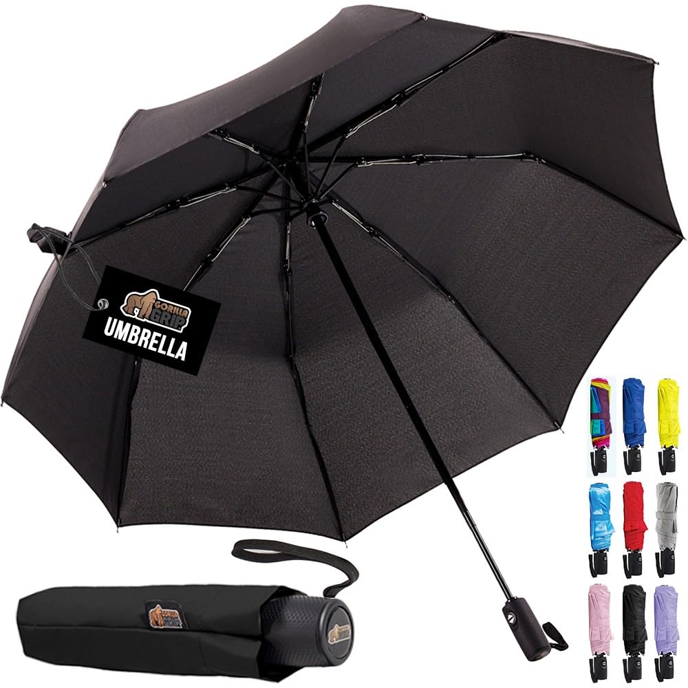 GORILLA GRIP Strong Windproof Stick Compact Umbrella for Rain, One-Click Automatic Open and Close, Durable Quick Dry Waterproof Material, Lightweight and Portable, Travel Size Fits Backpack, Black