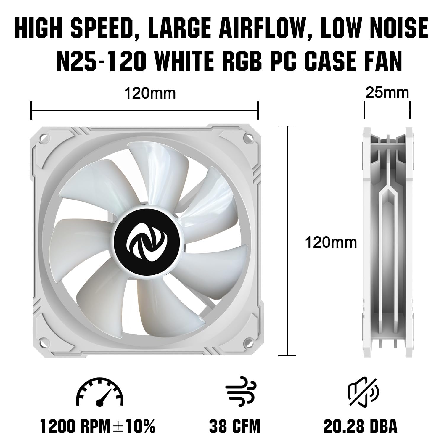 120mm Case Fan 3 Pack RGB Case Fans, N25-120 White Silent 1,200rpm PC Fans, Hydraulic Bearing - White 120mm RGB Fans with 12v 3 pin and molex 4 pin PSU plug Computer Fans for PC Case