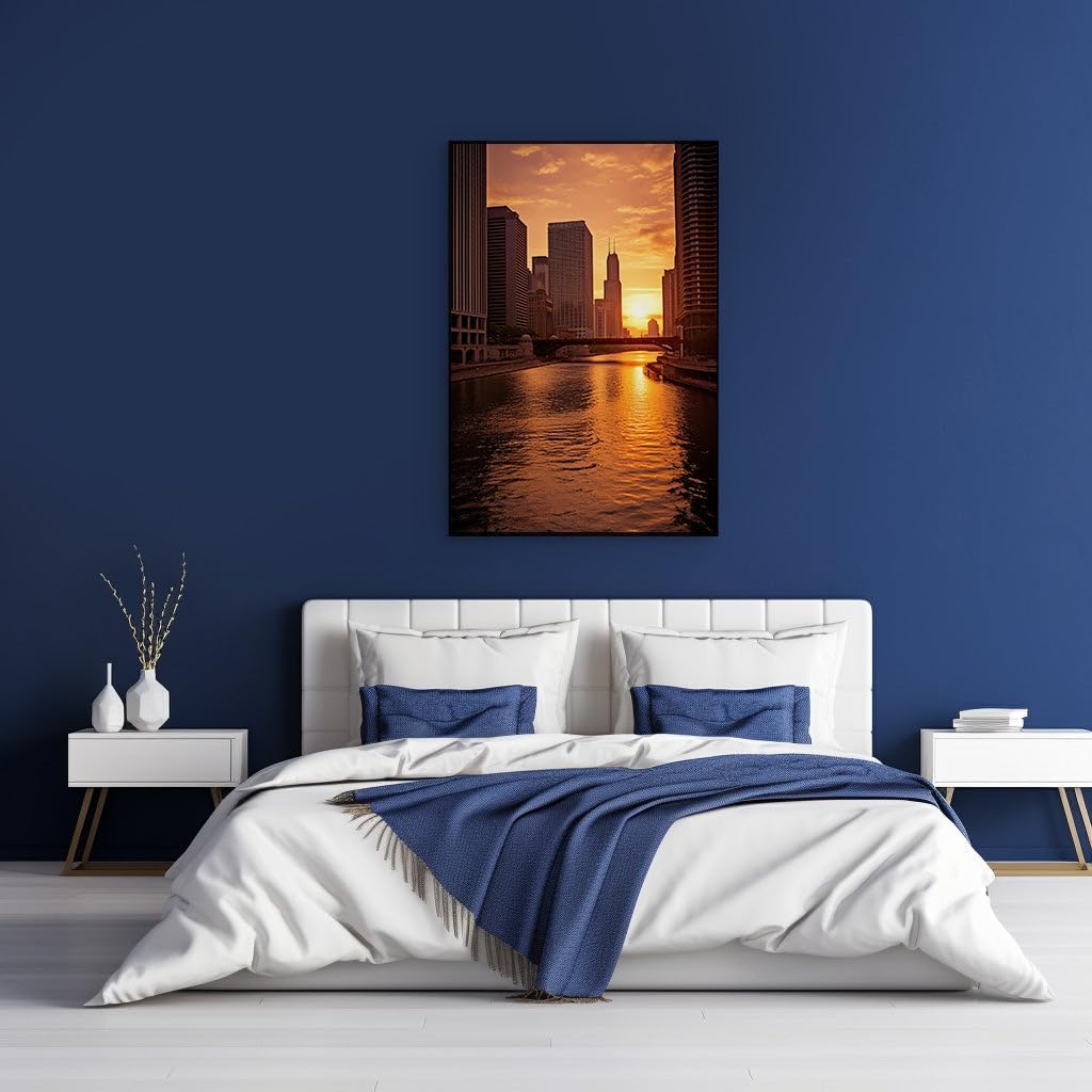 Canvas for Living room. Sunset Serenity Above the Urban Flow: Cityscape Brilliance at Dusk, 27 x 18 inch Canvas Wall Art - Ready to Hang