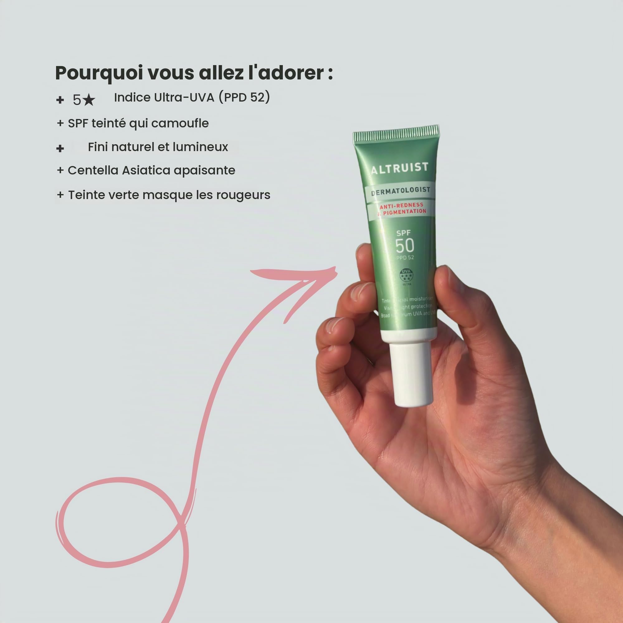 Altruist Dermatologist Crème hydratante anti-rougeurs et taches pigmentaires SPF 50 SPF 50 Protection UVA 5 étoiles Crème visage non parfumée pour peaux sensibles – Pour tous les types de peau 30 ml