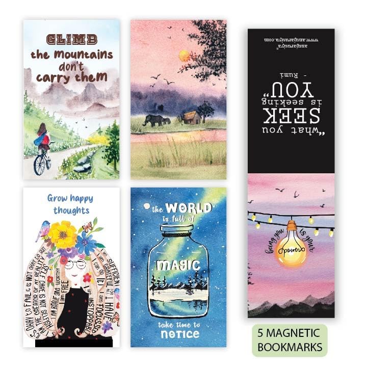 Image of Antara Positive Affirmation Magnetic Bookmarks with Quotes | Set of 5 | Digitised Handpaintings | Laminated Matte Finish | Best Gift for bibliophiles | 2.25 inch X 3.8 inch | Magnetic Clip Attachment