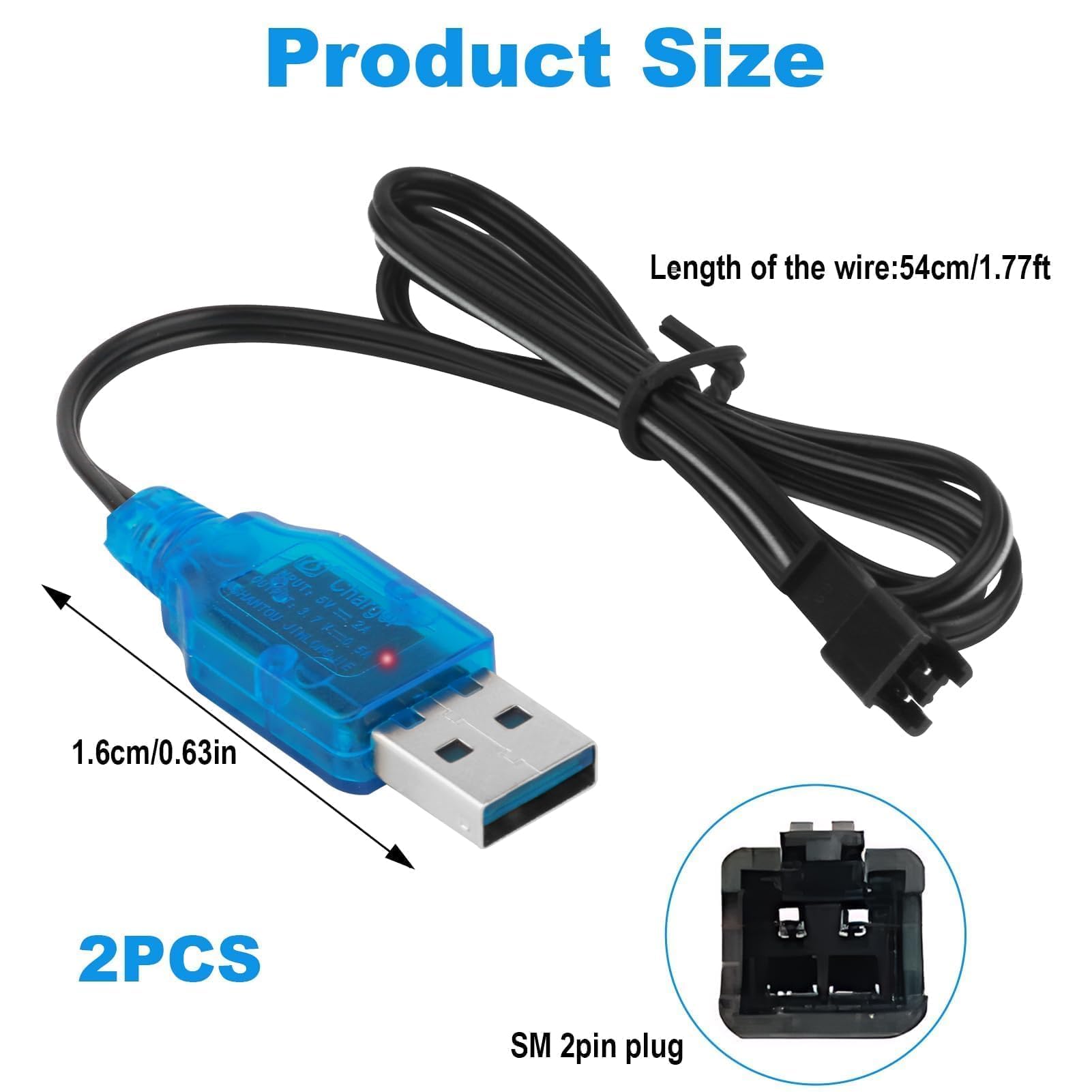 2 Unidades De Cable De Carga USB De 3,7 V con Conector SM-2P, Cable De Carga USB para Baterías NI-MH RC Universal para Baterías LiPo Compatible con Coches RC Barcos Drones