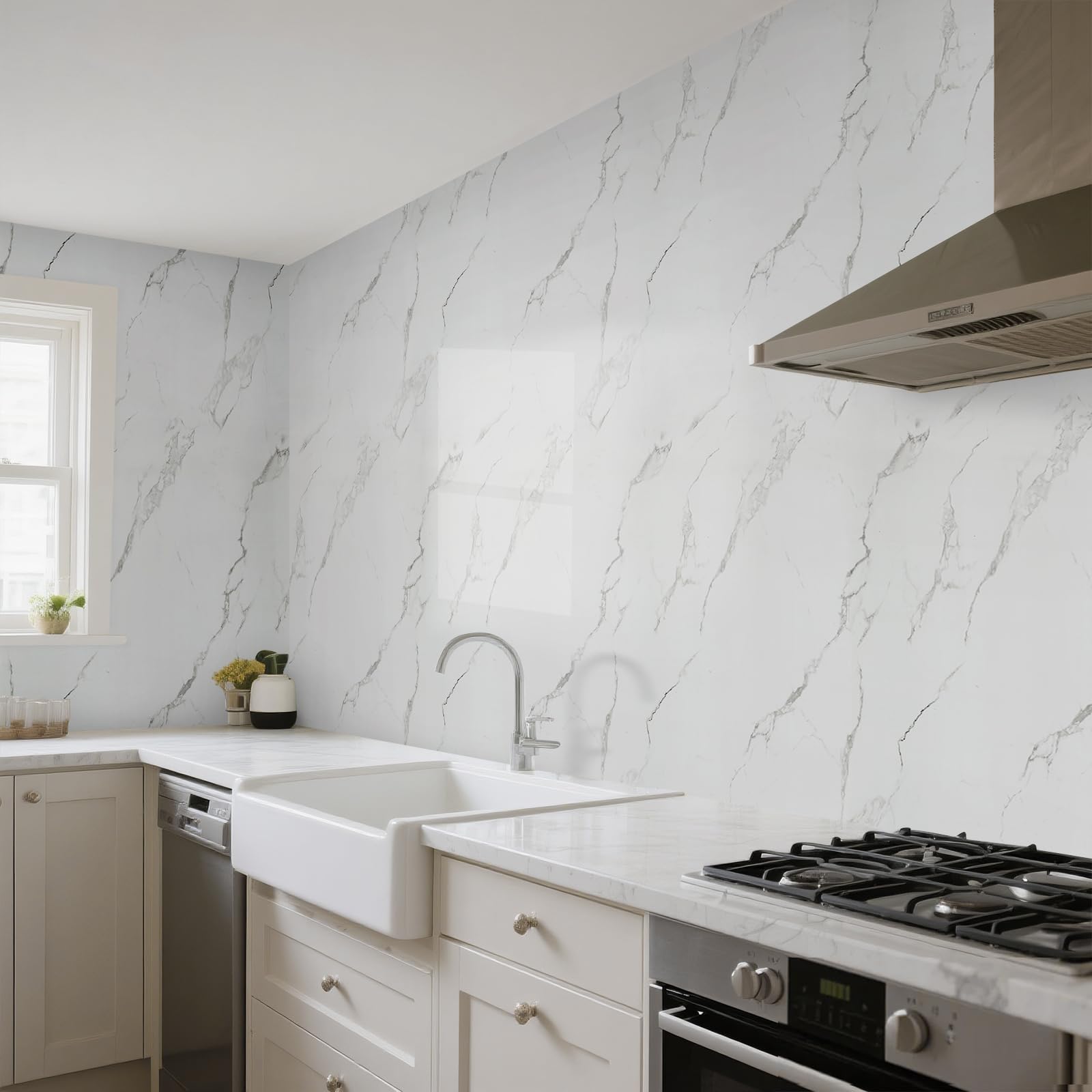 White Marble Self Adhesive Wallpaper Peel and Stick Wallpaper For Kitchen Splashbacks Bathroom, 2.3mm Thick Sticky Back Plastic Vinyl Removable Paper Thermal Waterproof Insulating Wall Covering Roll