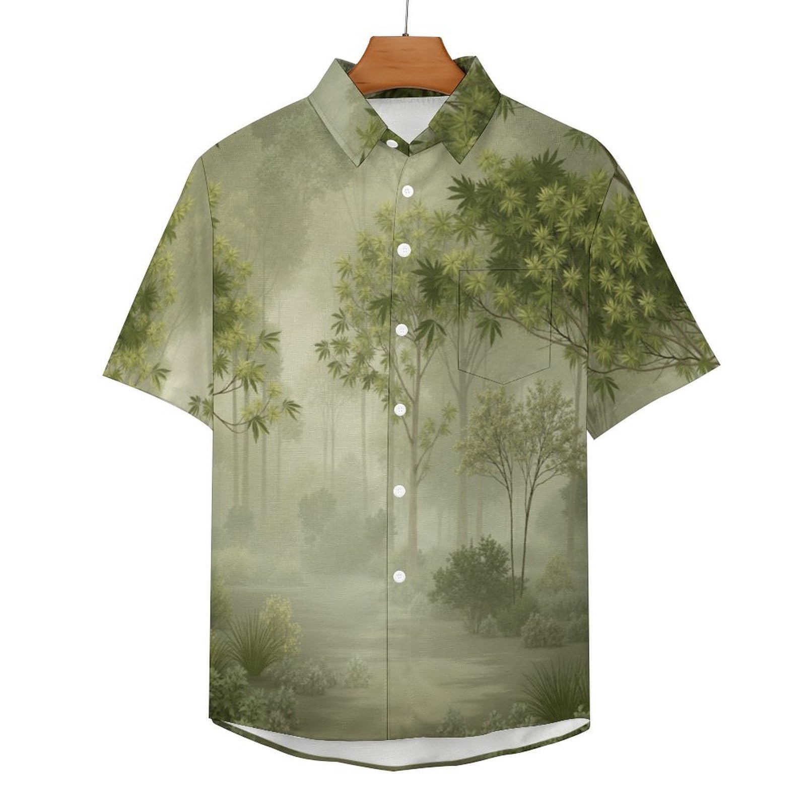 Camicia da Uomo Button Down con Stampa Arte Paesaggistica, Foresta Nebbiosa Camicia Hawaiana Casual a Maniche Corte Camicie da Spiaggia Camicie da Vacanza