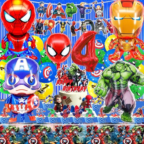 Decoración de fiesta de cumpleaños de superhéroes, fiesta de cumpleaños, globos de superhéroes, decoración de fiesta de superhéroes, globos decorativos de cumpleaños, número 4