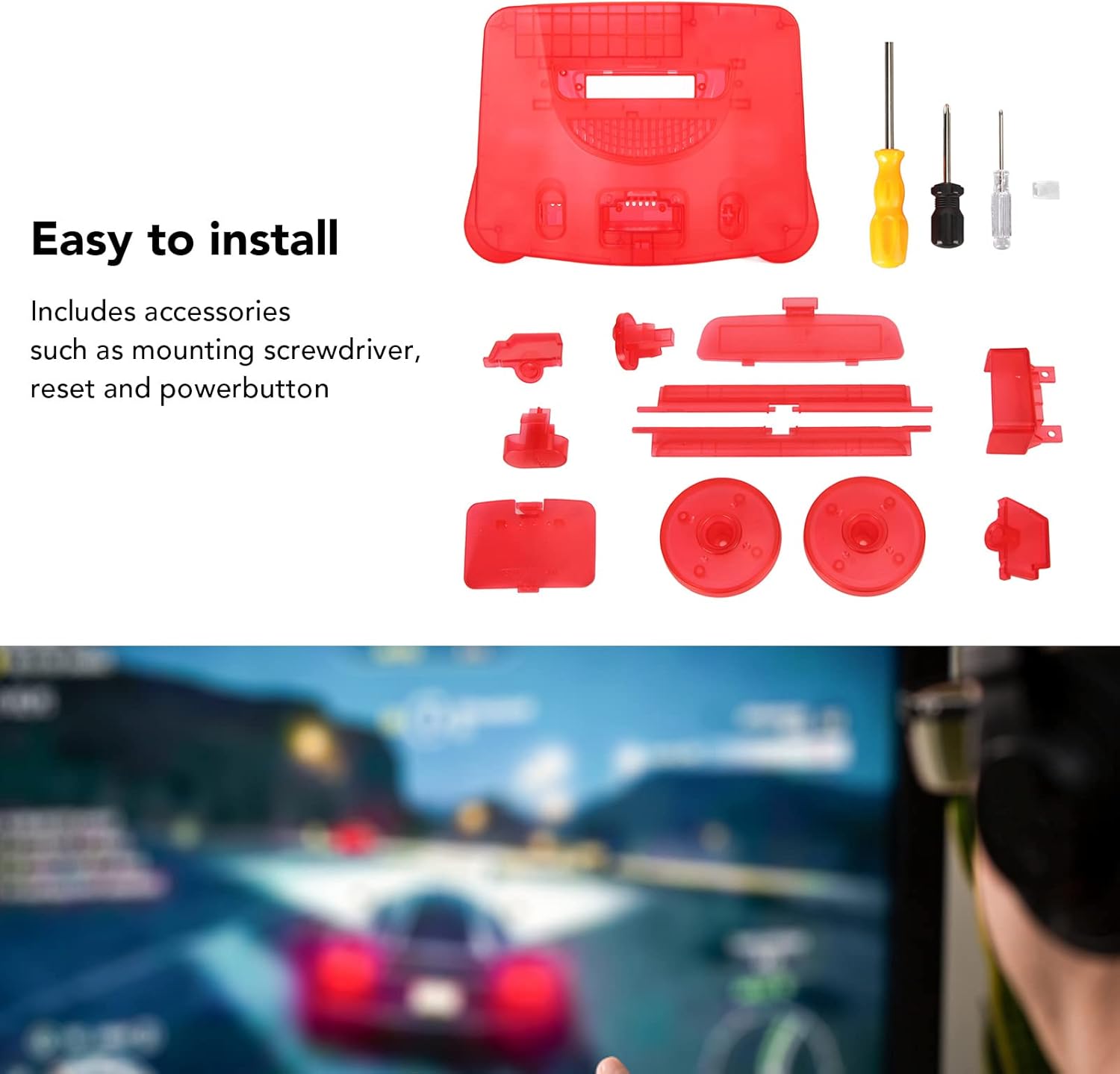 Protective Shell for N64 Retro Video Game Console, Translucent ABS Sturdy Professional Replacement Shell for N64 (Transparent Red)