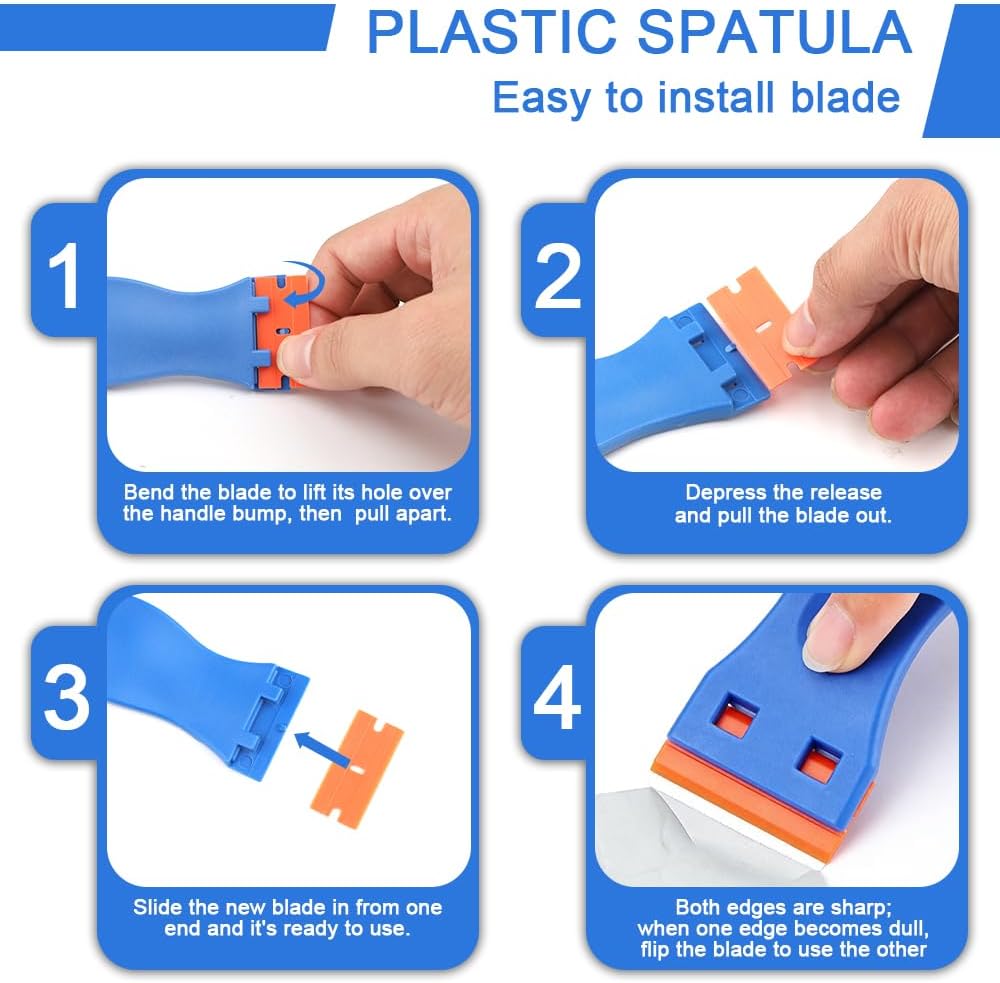 Plastic Scraper Kit Razor Scraper with 10pcs Double Edged Plastic Blades for Removing Labels Stickers Decals on Glass Windows Kitchen Vinyl Adhesive Decal Tape Cleanings