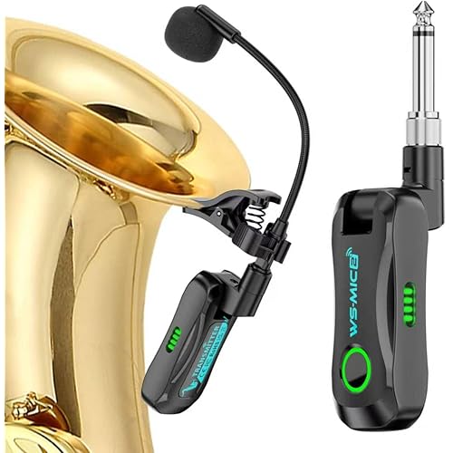 2.4G Wireless Saxophone Microphone System, Clip-On Sax Mic for Brass (Trumpet, Trombone, Tuba, Cornet, French Horn), Easy Setup Brass Instrument Mic for Practice, Teaching & Small Gigs