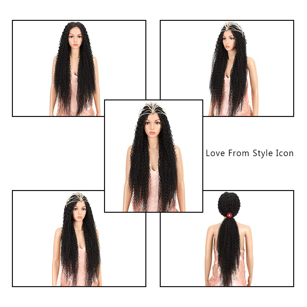 Style Icon 38” Long Curly Wig Lace Front Wigs Synthetic Wigs with Baby Hair Half Hand Tied 130% Density Hair Replacement Wigs (38", 1B)