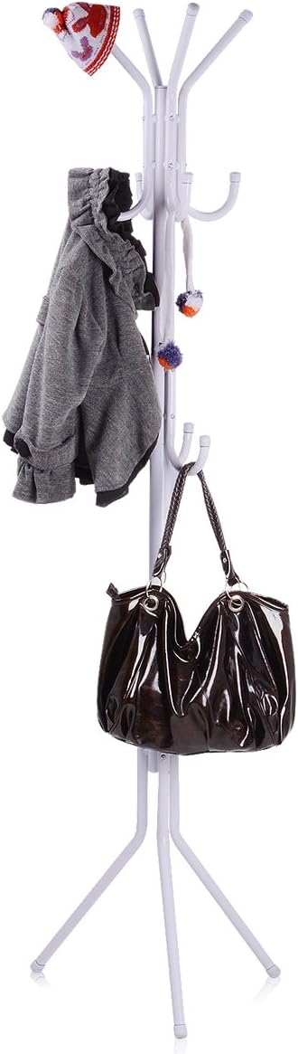 173CM Metal Coat Rack Free Standing Display Stand Hall Tree with 3 Tiers and 11 Hooks for Clothes Scarves Bags Umbrella and Hats 45173-2 (White)