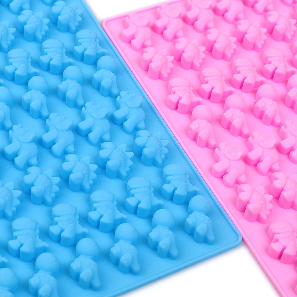 homEdge Siliconen Mini Dinosaurus Snoepvormen, Set van 4 Packs Non-Stick Chocolade Gummy Mold Bonus met 2 Druppelaar-Blauw, Rood, Groen en Roze