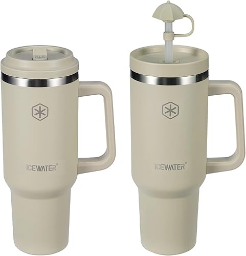 ICEWATER Vaso de 40 oz con 2 tapas (abatible y pajita estándar), 100% a prueba de fugas, vaso aislado con asa, compatible con portavasos, botella de