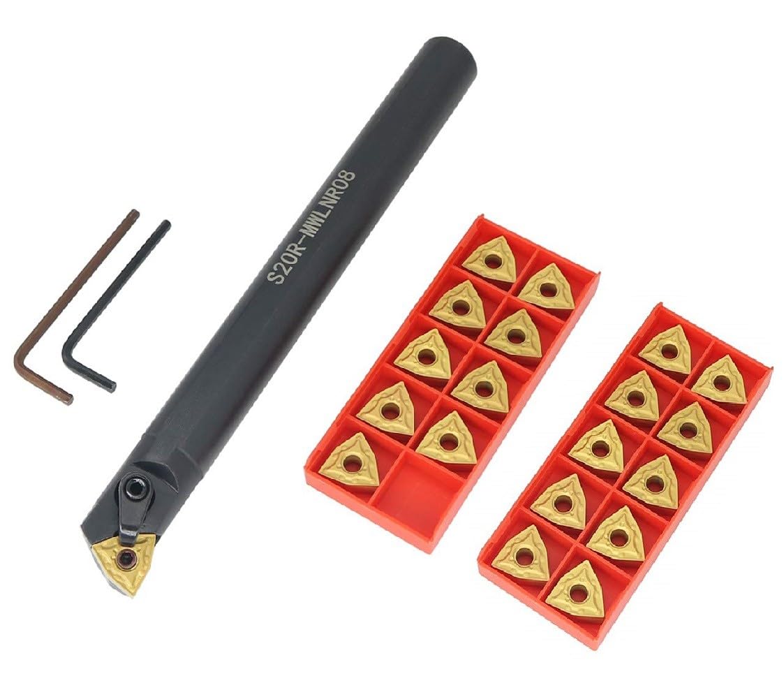 Ensemble de barres d'alésage internes S20R-MWLNR08, 20 inserts en carbure WNMG432, support en alliage d'acier allié de 1,9 cm de diamètre x 20,3 cm de long pour applications de travail des