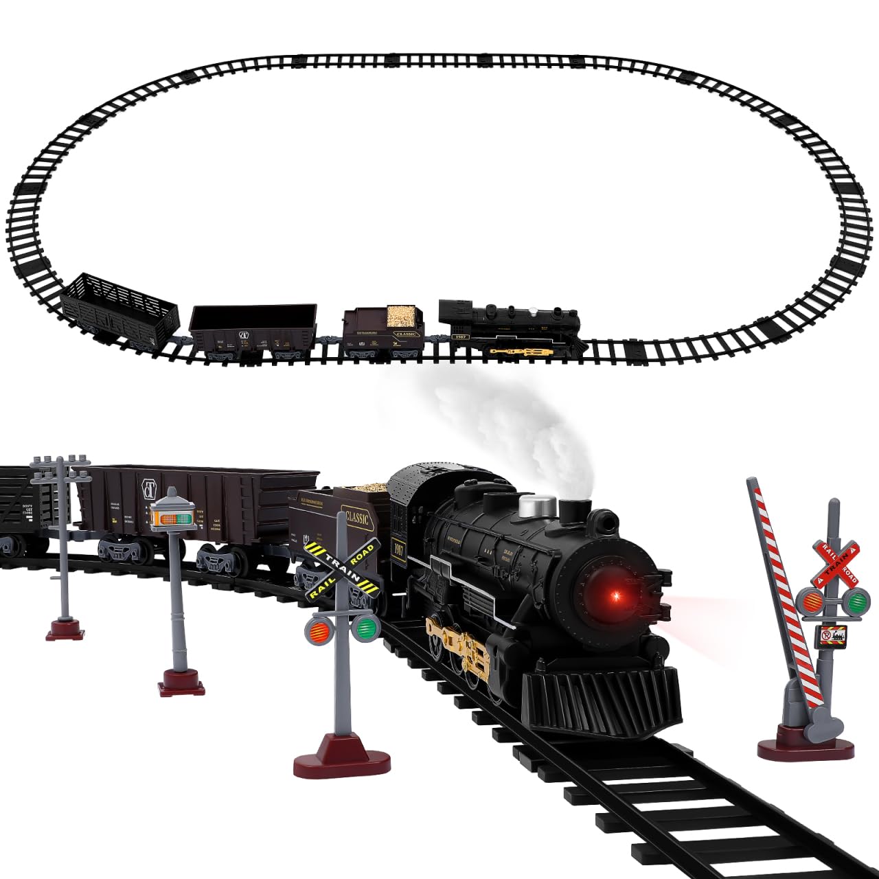TOYANDONA Kids Train Set Battery Powered Model Train with Locomotive 3 Cargo Cars Curved and Straight Tracks Road Signs for Creative Play and Christmas Tree Floor Decoration