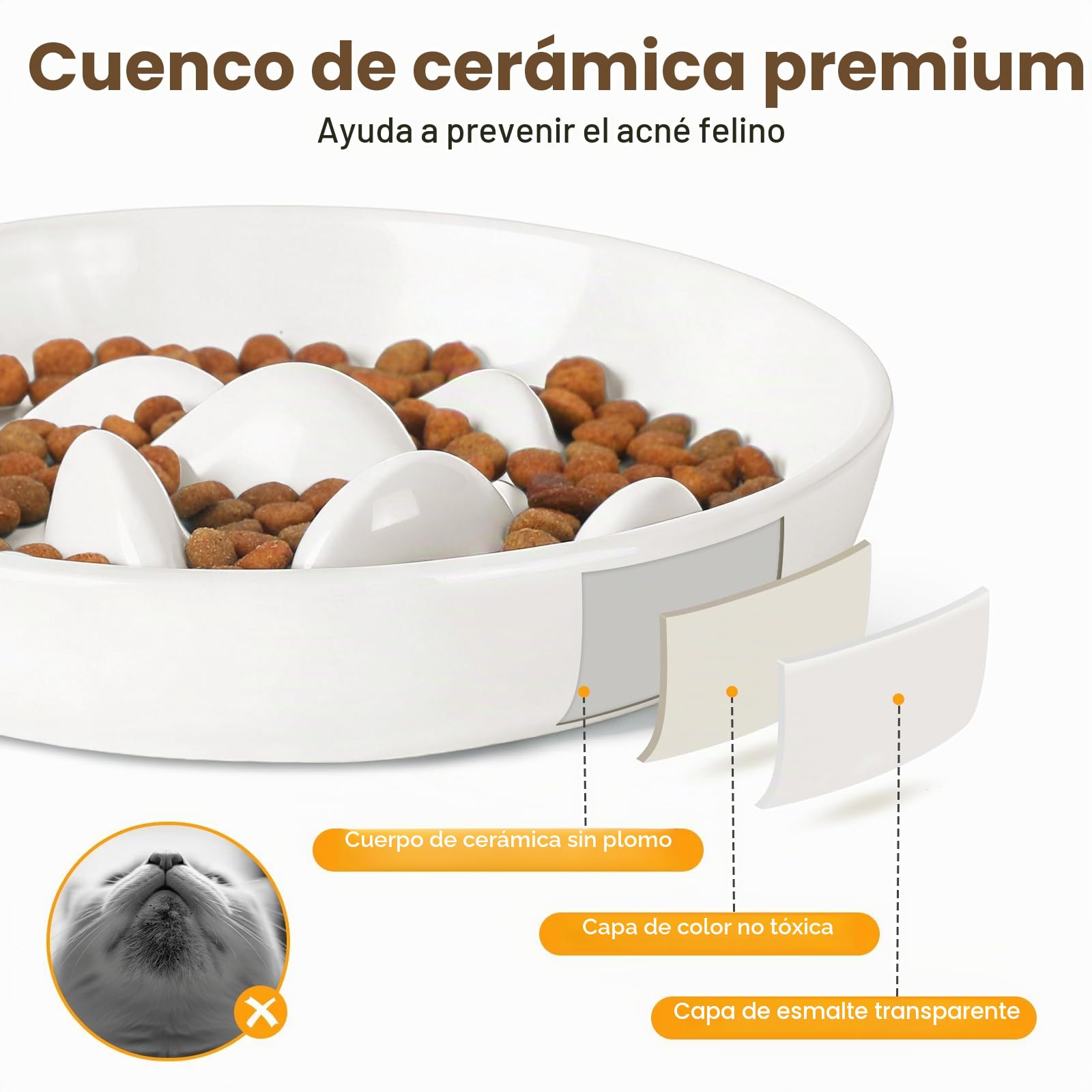 PETTOM Comedero Lento de Cerámica para Gatos con Soporte de Bambú Elevado – Cuenco para Gato y Perros pequeños con Sistema Antivoracidad, Plato de Gatos para Ralentizar Comida (Bol Blanco con pie)